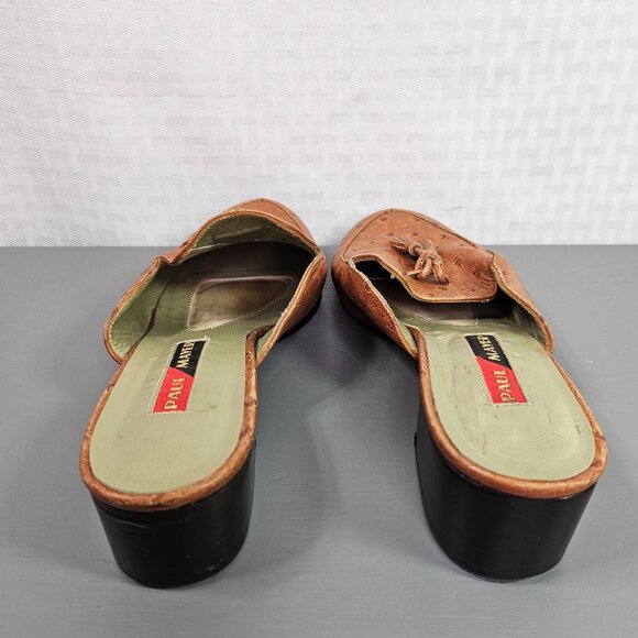 Vintage Paul Mayer Tan Ostrich Leather Low Heel Tassel Mules Size 7 - Picture 11 of 12